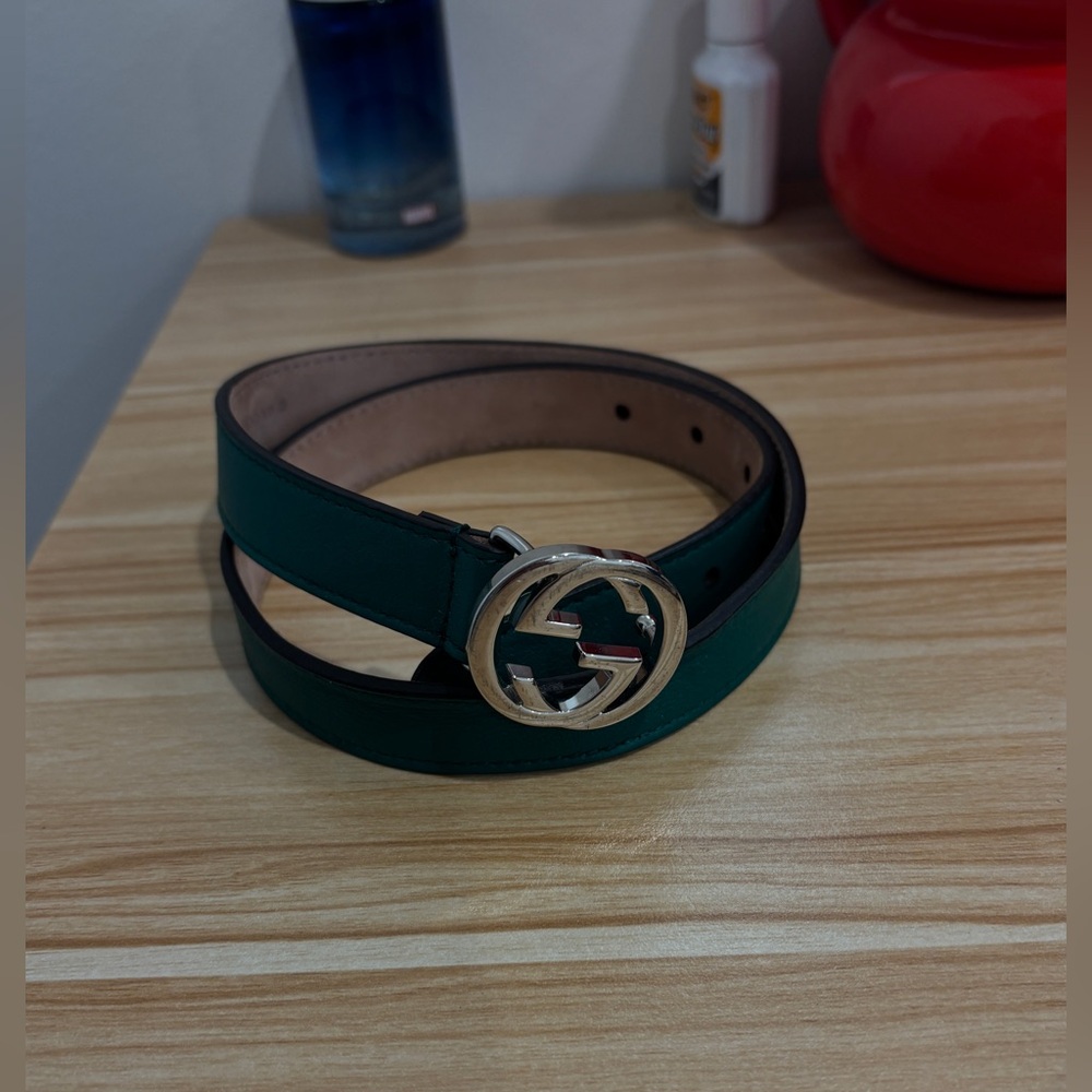Kids 4/5t Gucci Green and Silver Leather Belt with Iconic GG Buckle